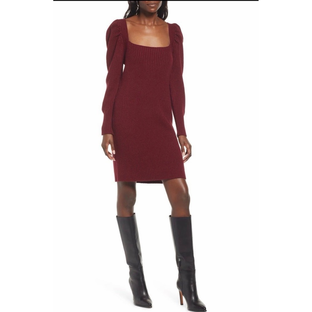 Promesa Long Sleeve‎ Ribbed Low Back Puff Sleeve Sweater Dress Burgundy Size L